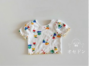 【Hei.】フラワープリントパフスリーブTシャツ  70~110cm