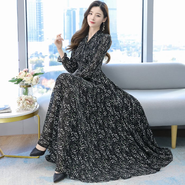 きれいめワンピース 細見え シフォン フレア 花柄 長袖 マキシ丈