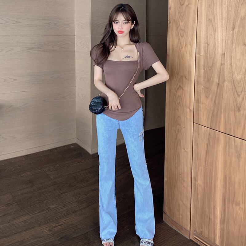 半袖スリーブTシャツ ウェストジーンズ レディース ショート ハーフスリーブ ストリート スクウェア ハンチェンe28346918671