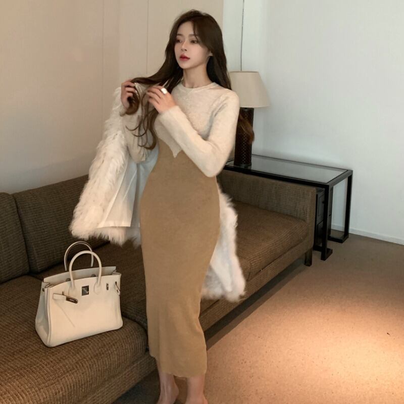 ウェストスリムニットロングスカート オータムウィンター薄手ドレス ストリート 秋物 冬物 YY-ファッション43521375034