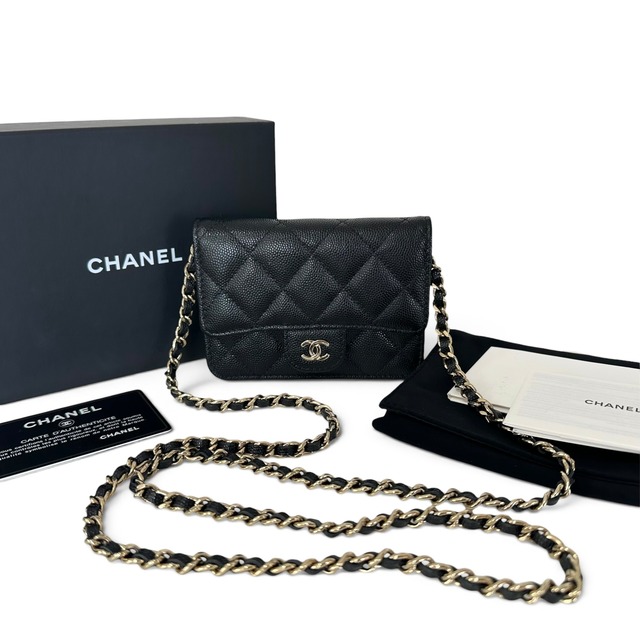 Rare◇CHANEL Matelasse Black Caviar Skin Wallet Chain Gold Hardware Shoulder Bag 32005342 999