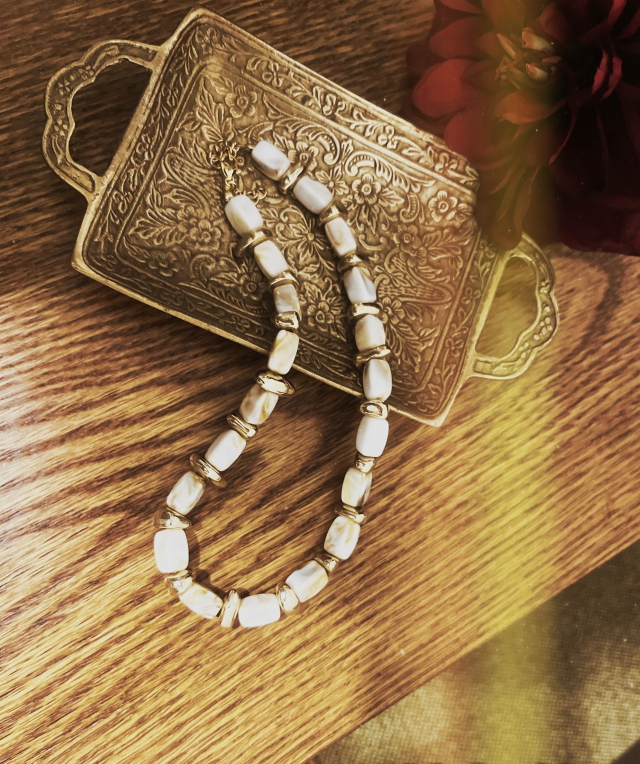 マーブルアンバー色ビーズネックレス marble beads necklace BR×GD |