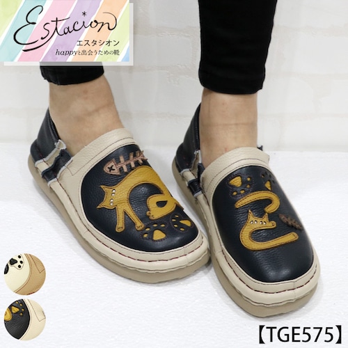 TGE575【ﾚﾃﾞｨｰｽ】Estacion～エスタシオン～・ねこモチーフ本革スリッポンシューズ