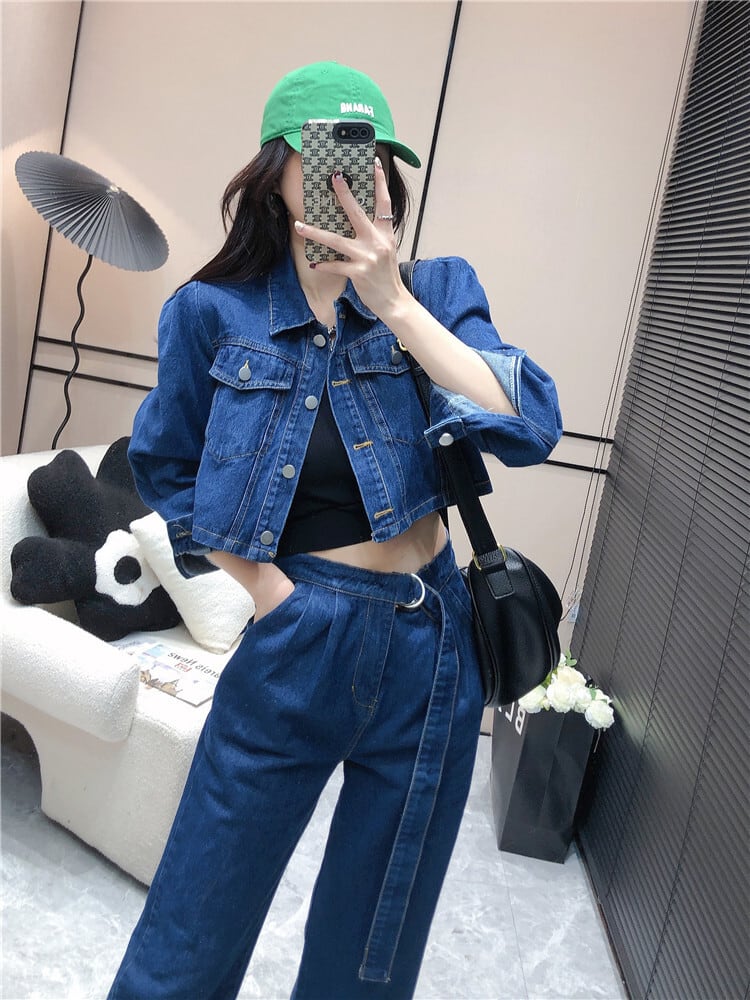 デニム セットアップ トップス パンツ set】人気ファッションデニムセットアップジャケット+ワイド