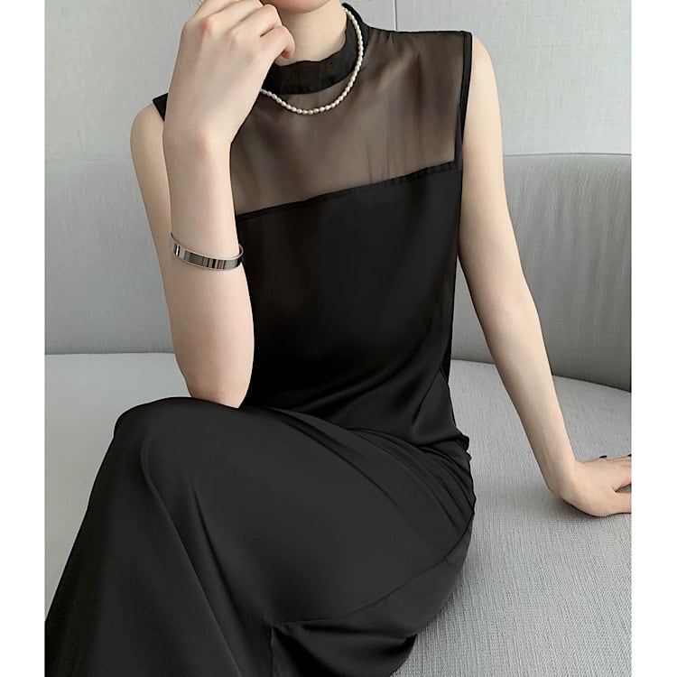 ブラックメッシュ切り替えノースリーブワンピース YH9495