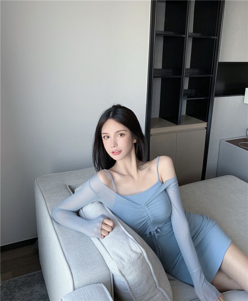 ブルーセクシーサスペンダードレスレディース初秋ネットガーゼ長袖タイトフィットヒップスカート2020新気質スカート ブラックストロベリース50537739513