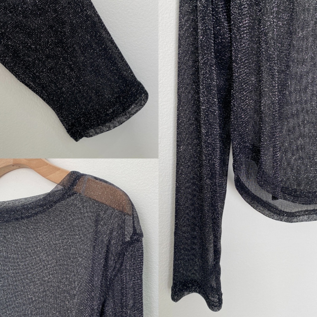 glitter sheer crewneck tops/black