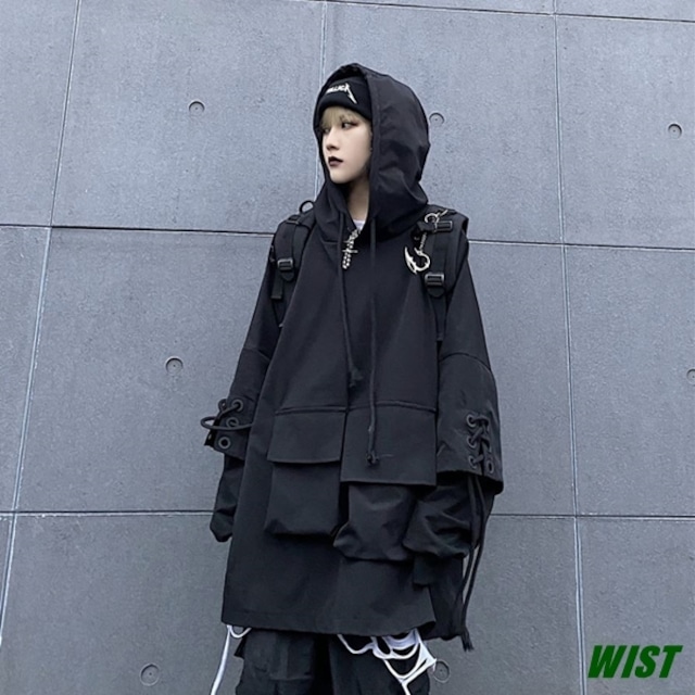 ユニセックス アウター ジャケット フード付き 黒 ブラック ストリート 原宿 ピープス オルチャン 韓国ファッション 454