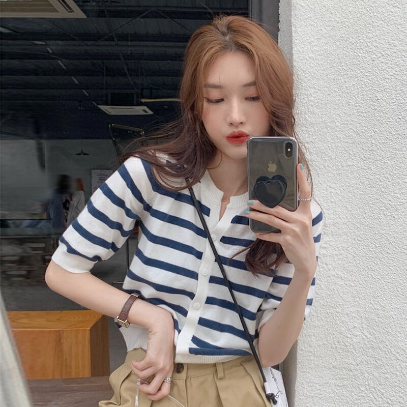 ストライプショートTシャツ サマーレッドトップス 夏物 試着室35605617365