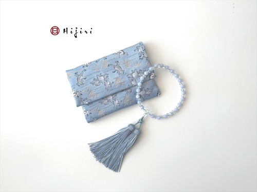 再販‼︎ お念珠入れ　ポケット付き　高級金襴…水色の鳥獣戯画《送料無料》