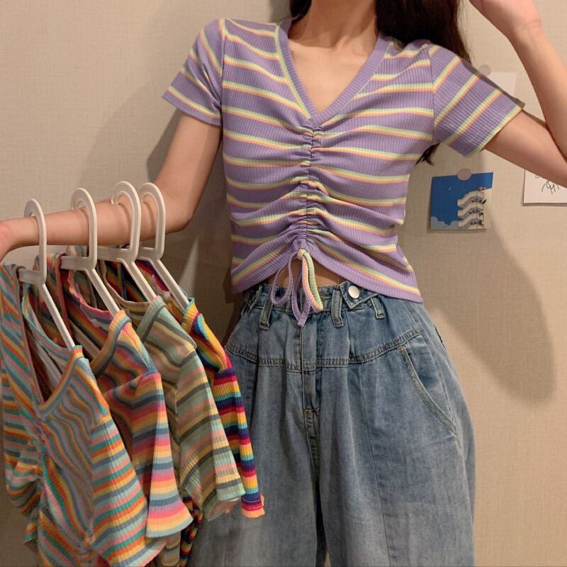 ギャザーストライプショートTシャツ シャツ スプリングスタイルトップス 春物 YY-ファッション16444912806