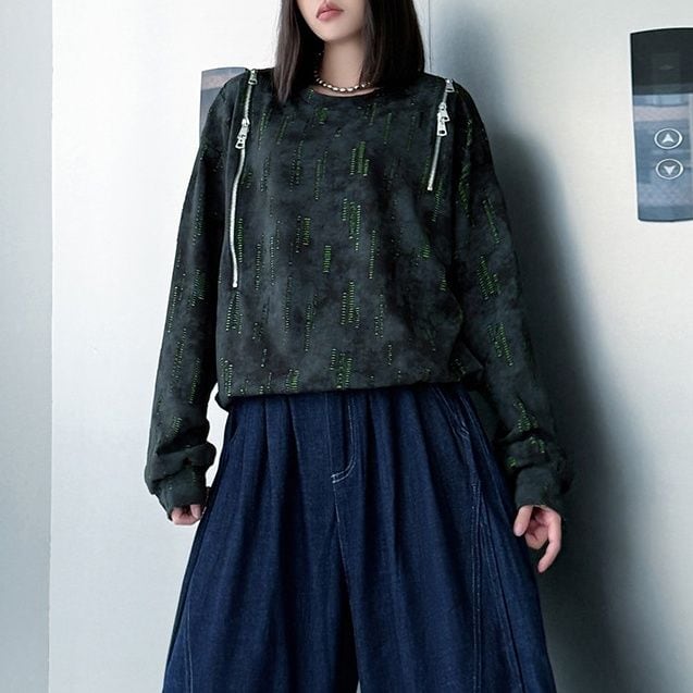 SHOULDER ZIPPED ROUND NECK DESIGN SWEAT SHIRT 1color M-15156