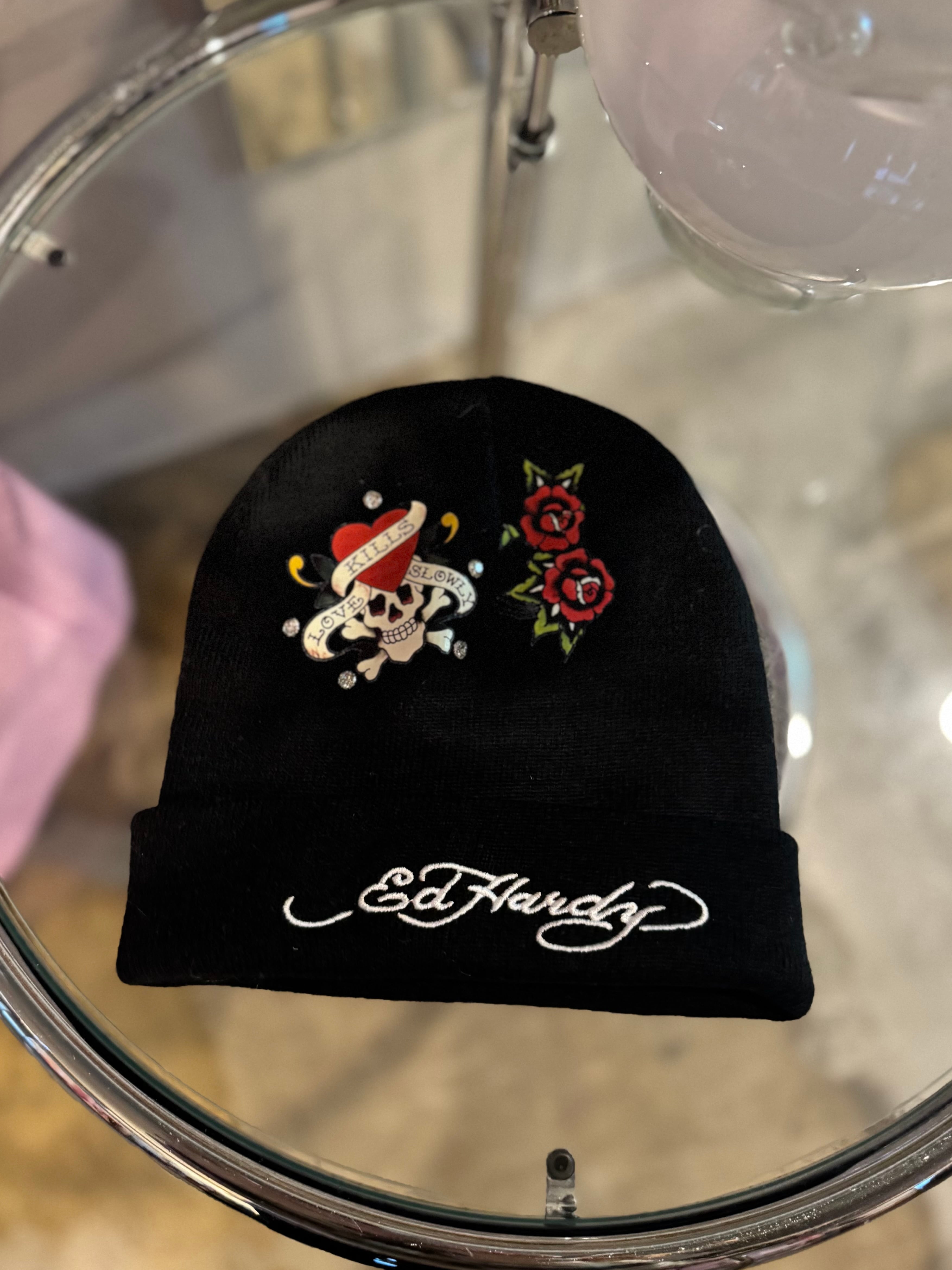 Ed Hardy kirakira scull heart knit hat(baby pink/black)