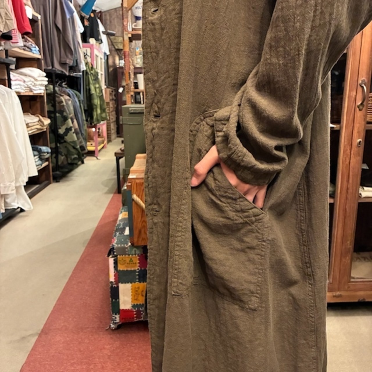 France type Linen work coat　フランスタイプ　リネンワークコート　ブラウン　リネン　ロングコート　ロングジャケット　ユニセックス　軍物　フランス軍　ミリタリー　後染め　リネンコットン