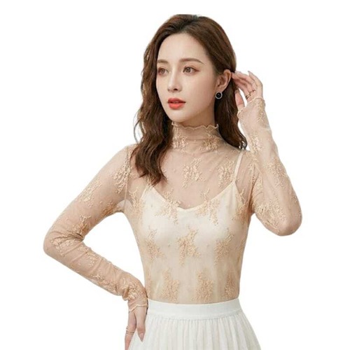シアートップス インナー ハイネック 総レース 長袖 レディース 重ね着 チュール メッシュ 透け感 シフォン 立ち襟 メロウ フリル 無地 花柄 華奢見え きれいめ カジュアル フォーマル 結婚式 二次会 お呼ばれ 春 夏 秋 冬 大きいサイズ　cw-a-6631