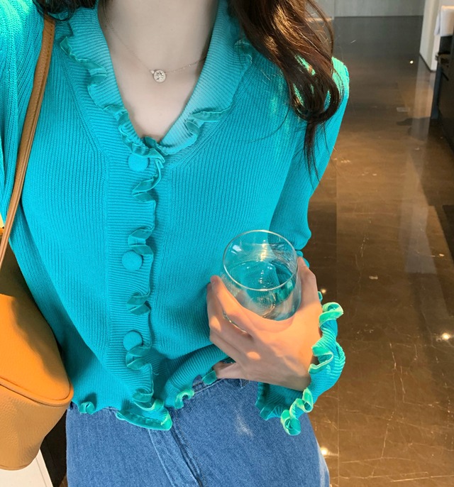 レースカラーボタンニットセーター ソリッド カーディガントップス レディース ソリッドカラー ビッグFスモールZ韓国4452556521