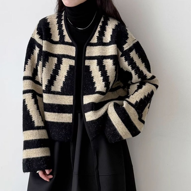 ジオメトリックパターンショートニットジャケット(2color)　JK3485