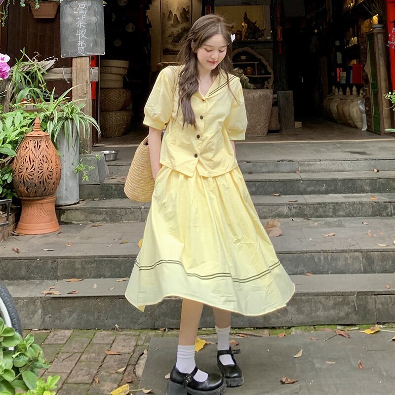 サマーネイビーカラースリーブシャツ トップス ハイウェストウェストスカート 夏物 萌量不足7297168769