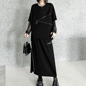 BLACK ZIP TRIMMED ROUND NECK PULLOVER TOP & LONG SKIRT 1color M-8951