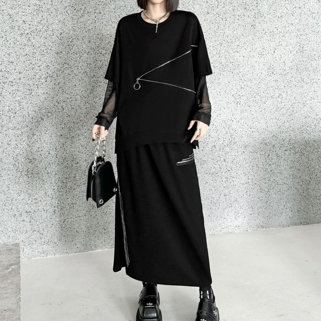 BLACK ZIP TRIMMED ROUND NECK PULLOVER TOP & LONG SKIRT 1color M-8951