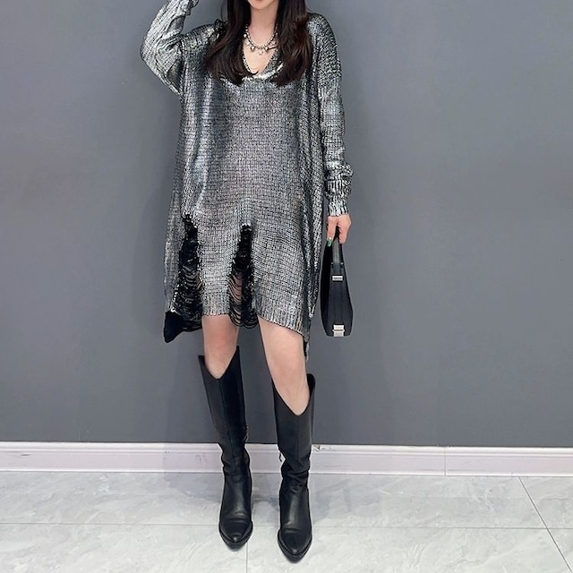 SHINE V-NECK DAMAGED DESIGN MINI KNIT DRESS 2colors M-8855