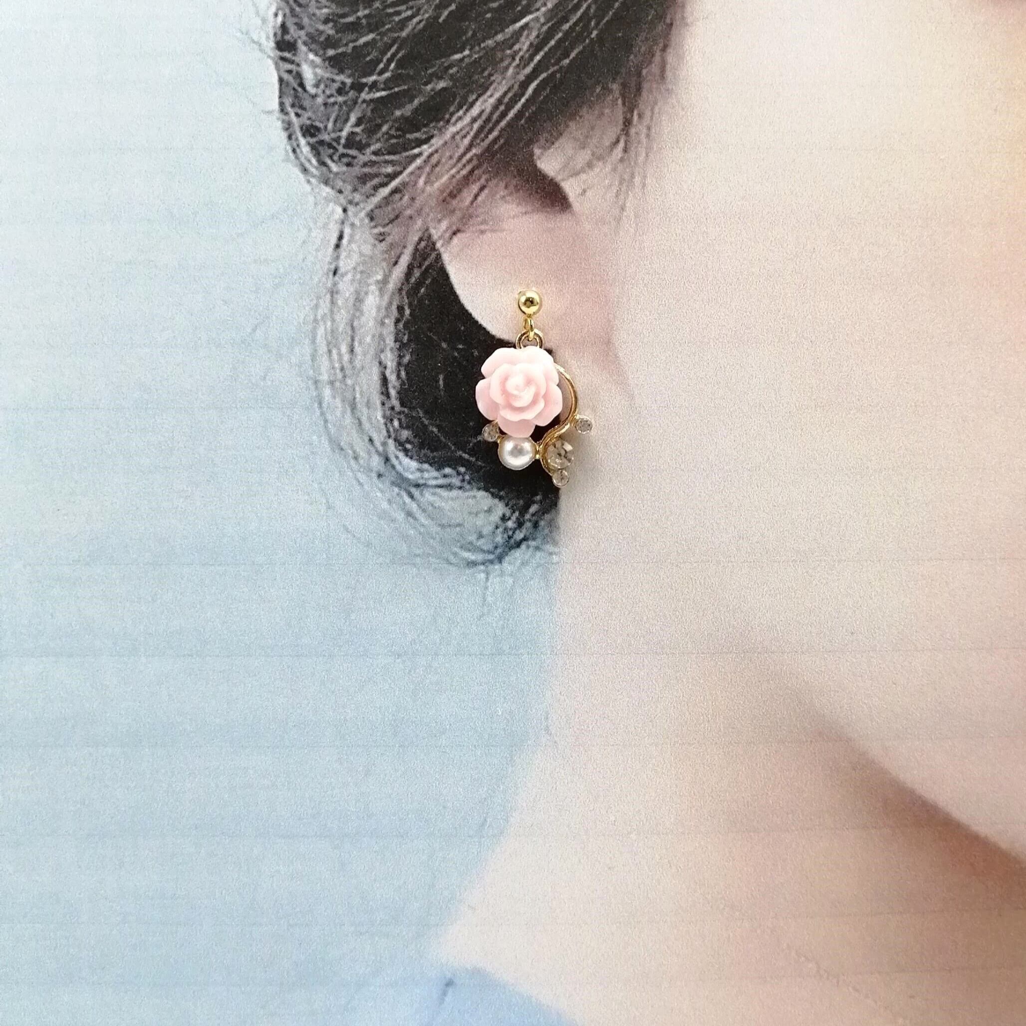 サージカルステンレス ピアス】ピンク ローズ パール 薔薇 ばら バラ