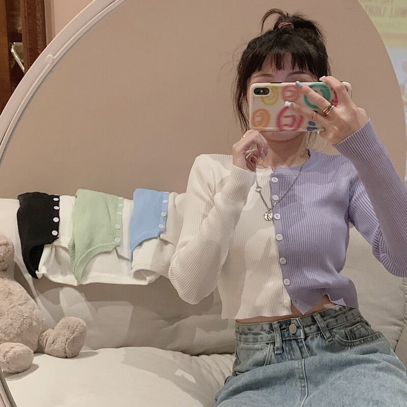 レトロカラーマッチングショートニットスモールカーディガンレディース2020年秋新作オールマッチ年齢を減らす長袖セーターコートトップ ブラックストロベリース6880716106