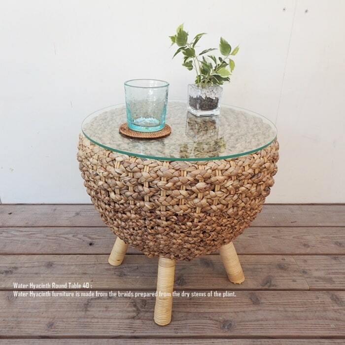 ウォーターヒヤシンス ラウンドテーブル40 ガラストップ サイドテーブル アジアン家具 ナイトテーブル コーヒーテーブル 天然木 ラタン 籐 モダンアジアン 完成品 組立不要 バリ家具 インドネシア バリ島製 業販 卸 スーパーセール