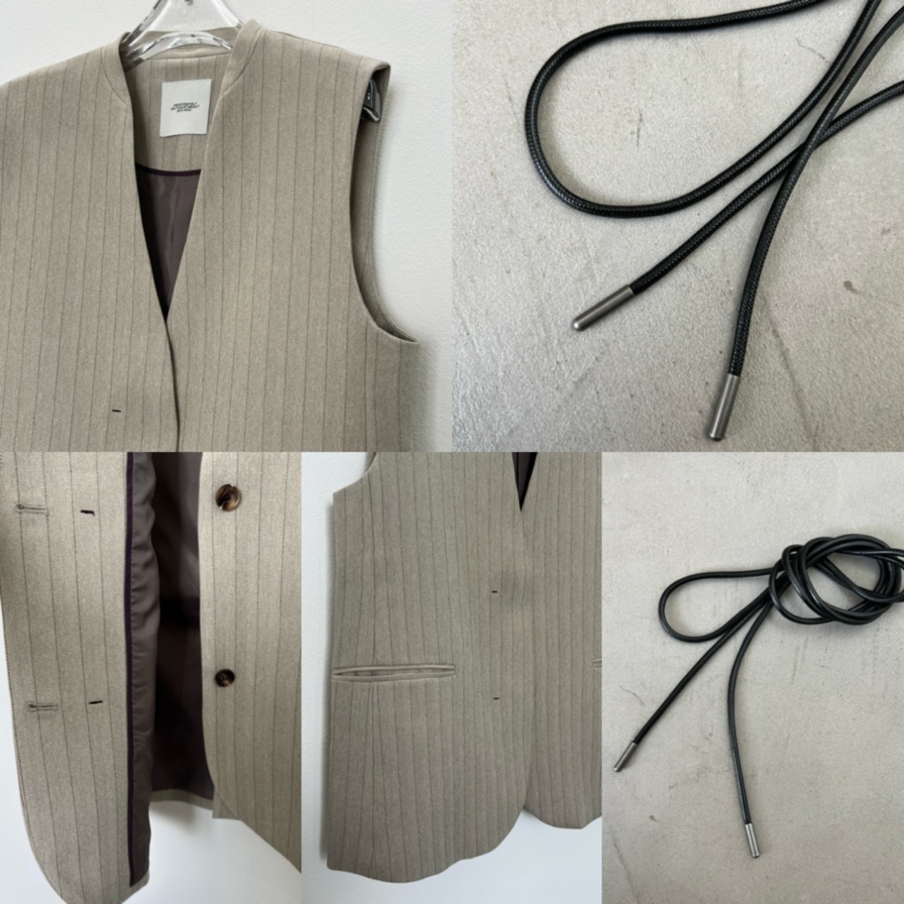 【受注予約:10月上旬入荷予定】コードベルト付ノーカラーgilet/ストライプ×グレージュ