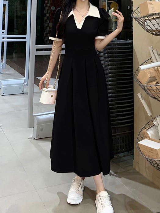 美しいシルエットで周囲を魅了 配色スキッパーフレアワンピース バイカラー Vネック Aライン おしゃれ 大人可愛い きれいめ カジュアル 体型カバー 大きいサイズ 韓国 CH9677