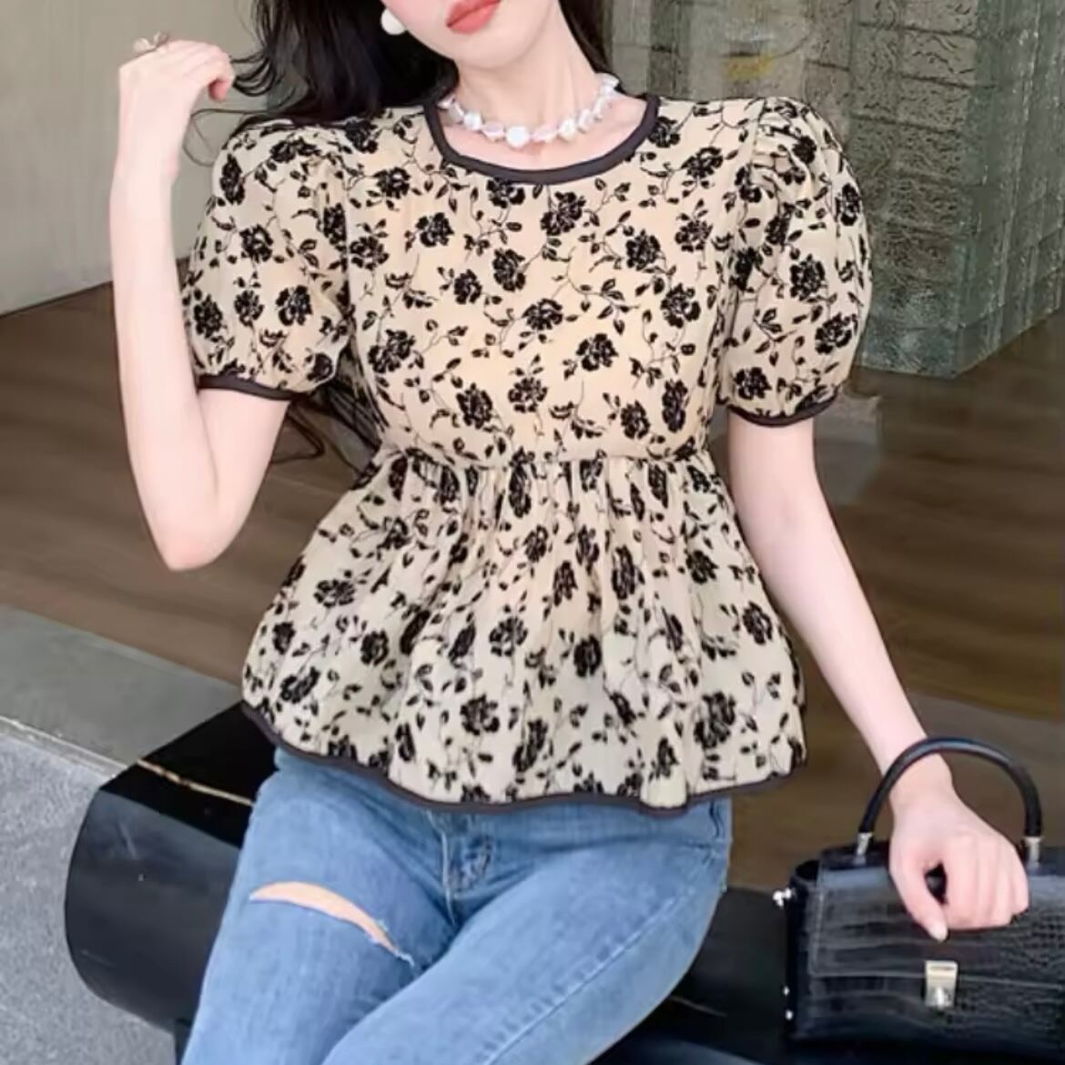 バッグリボンヴィンテージフラワーブラウス