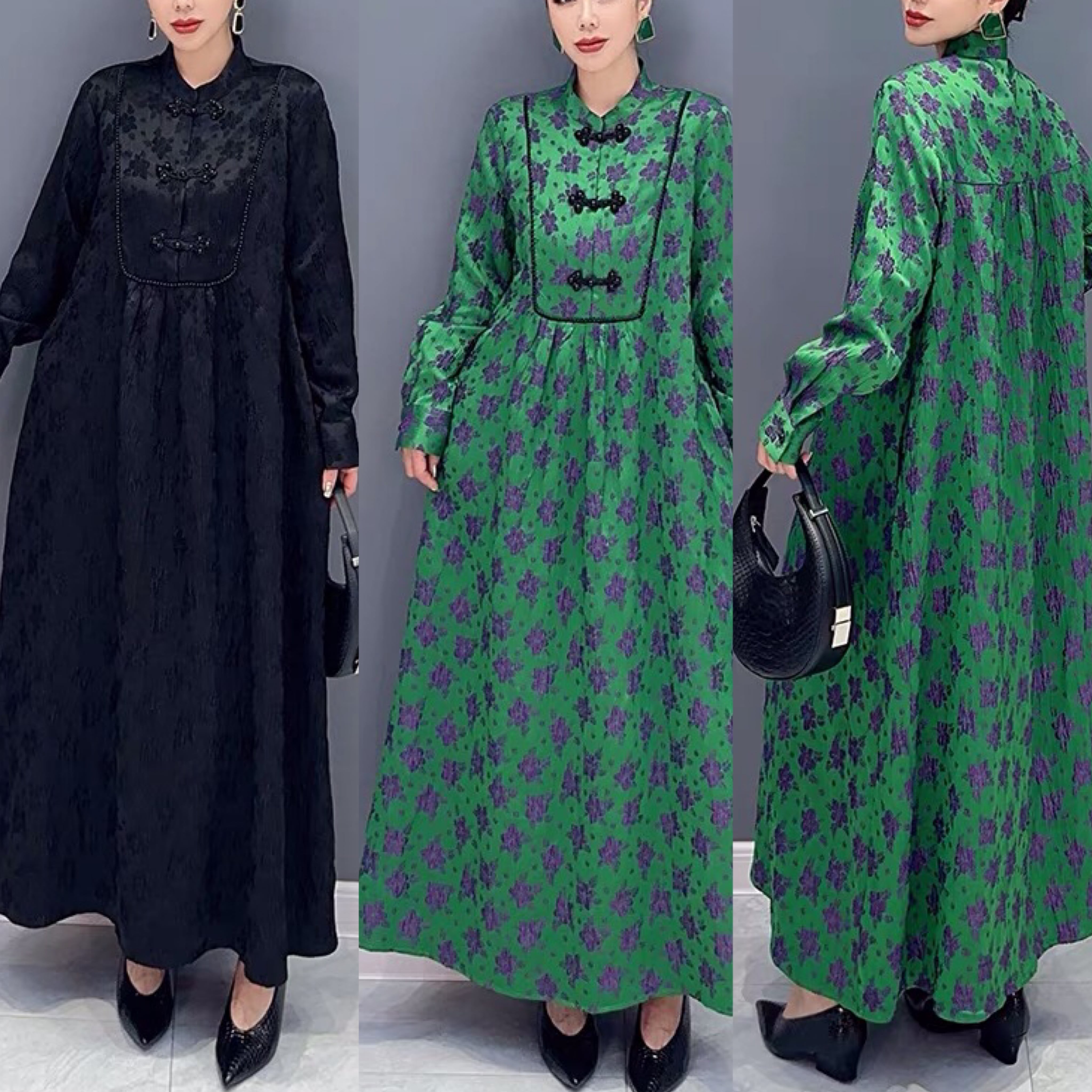 ワンピース 緑 黒 チャイナドレス 衣装 ハイネック ワンピース