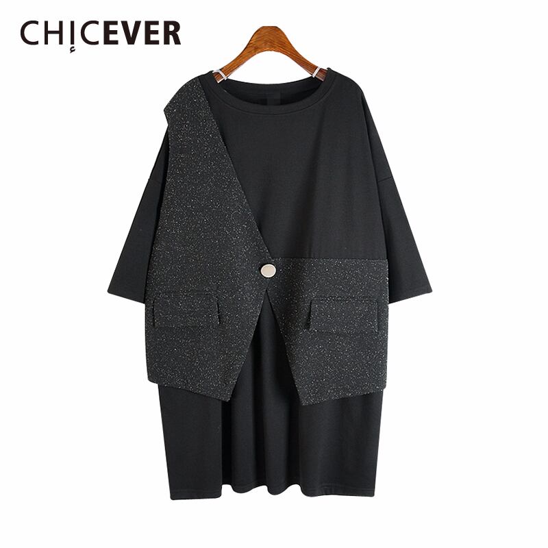 CHICEVERフェイクツーピースパッチワークドレス女性Oネック半袖非対称サマードレス2020タイド ショート ハーフスリーブ 夏物 6base549983878411