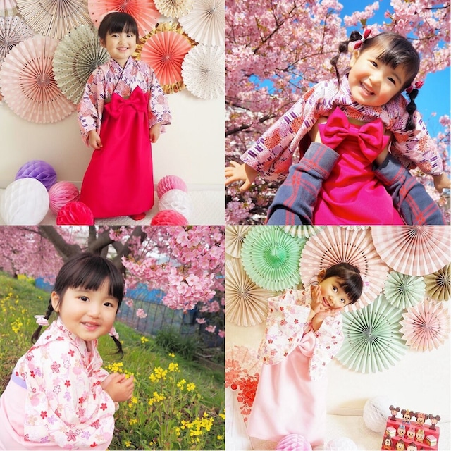 袴ワンピース 流水花紋様ピンク ワインレッド袴 薄ピンク襟 薄ピンク帯 ベビー袴 袴ロンパース 咲楽工房