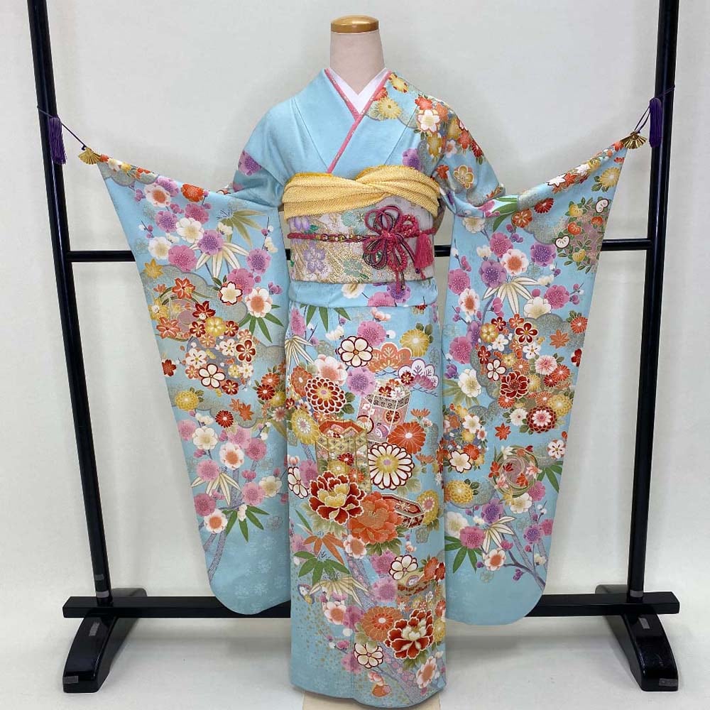 振袖フルセット 裄72.5cm 身丈170cm 長襦袢セット 総柄 振袖 帯 帯揚げ  