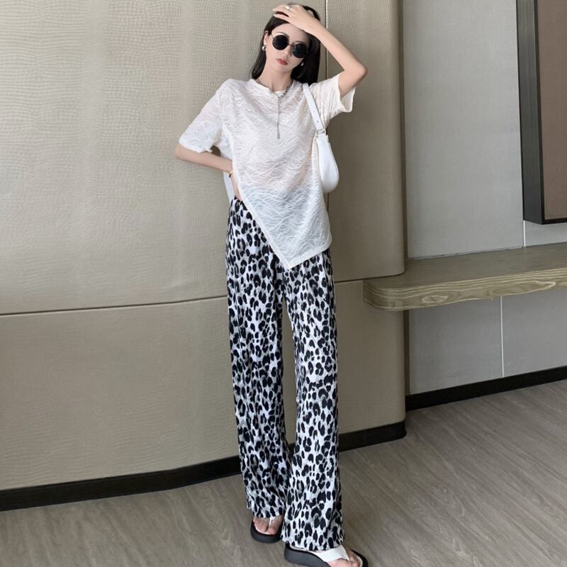 スタイルルーズTシャツ トップス ウェストレオパードプリント柄ワイドレッグパンツ ストリート ワイドパンツ ハンチェンe57132872887