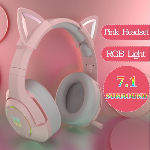 ゲーミングヘッドセット かわいい ネコ耳 Onikuma K9 7.1ch サラウンド ピンク ヘッドホン マイク LED USB 有線