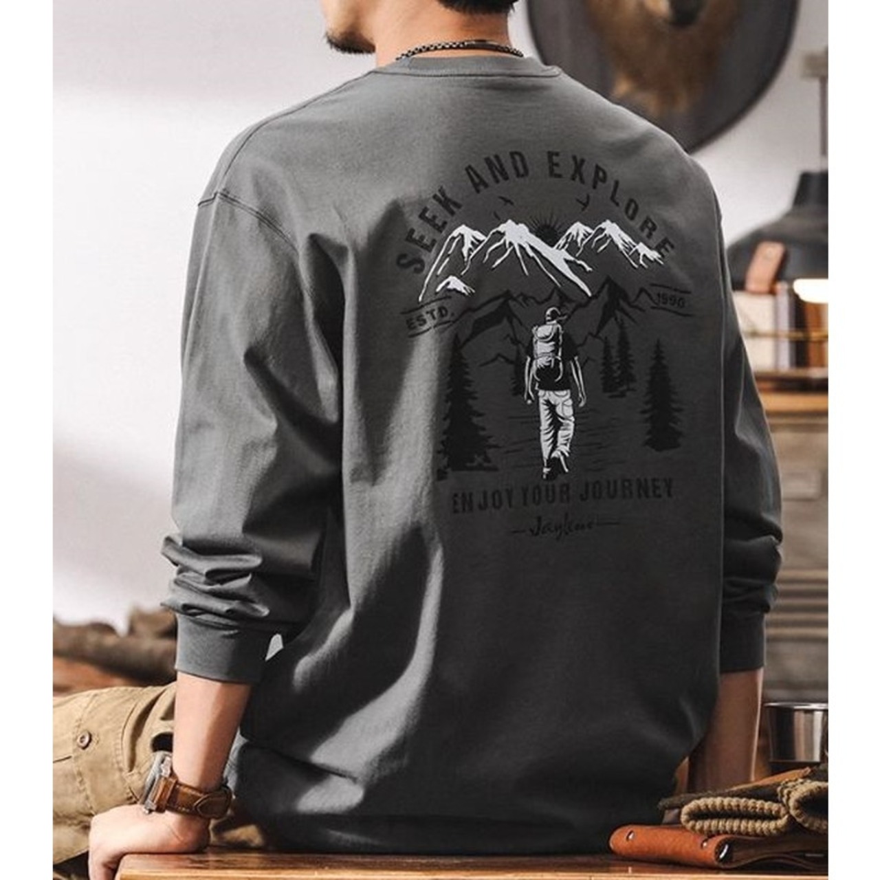 Back Print Long Sleeve Crew Neck T-Shirt ◇H0587