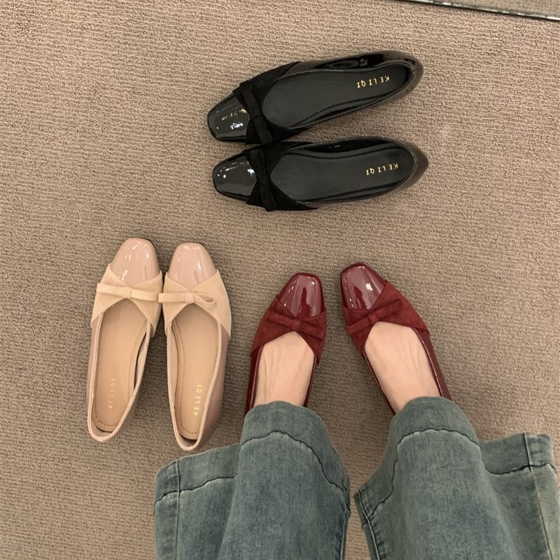 リボン スクエアトゥ ローヒール パンプス ◆3color 204487