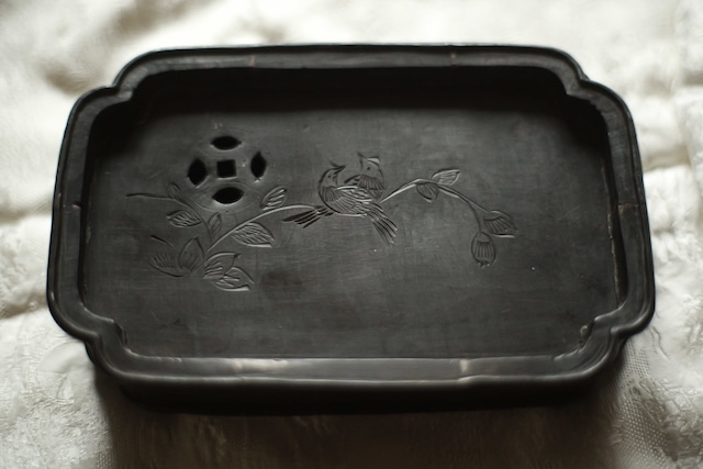 ヴィンテージ錫茶盤・花と二鳥（浙江慈渓製）　