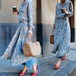 【レトロ花柄 シャツワンピース】ロング丈 ラップスタイル ボタニカル Vネック 大人カジュアル