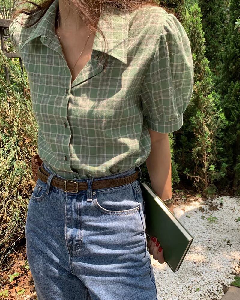 シャツ サマールーズ薄手スリーブ格子柄 レッド ランタンスリーブ 夏物 ビッグFスモールZ韓国90415335216