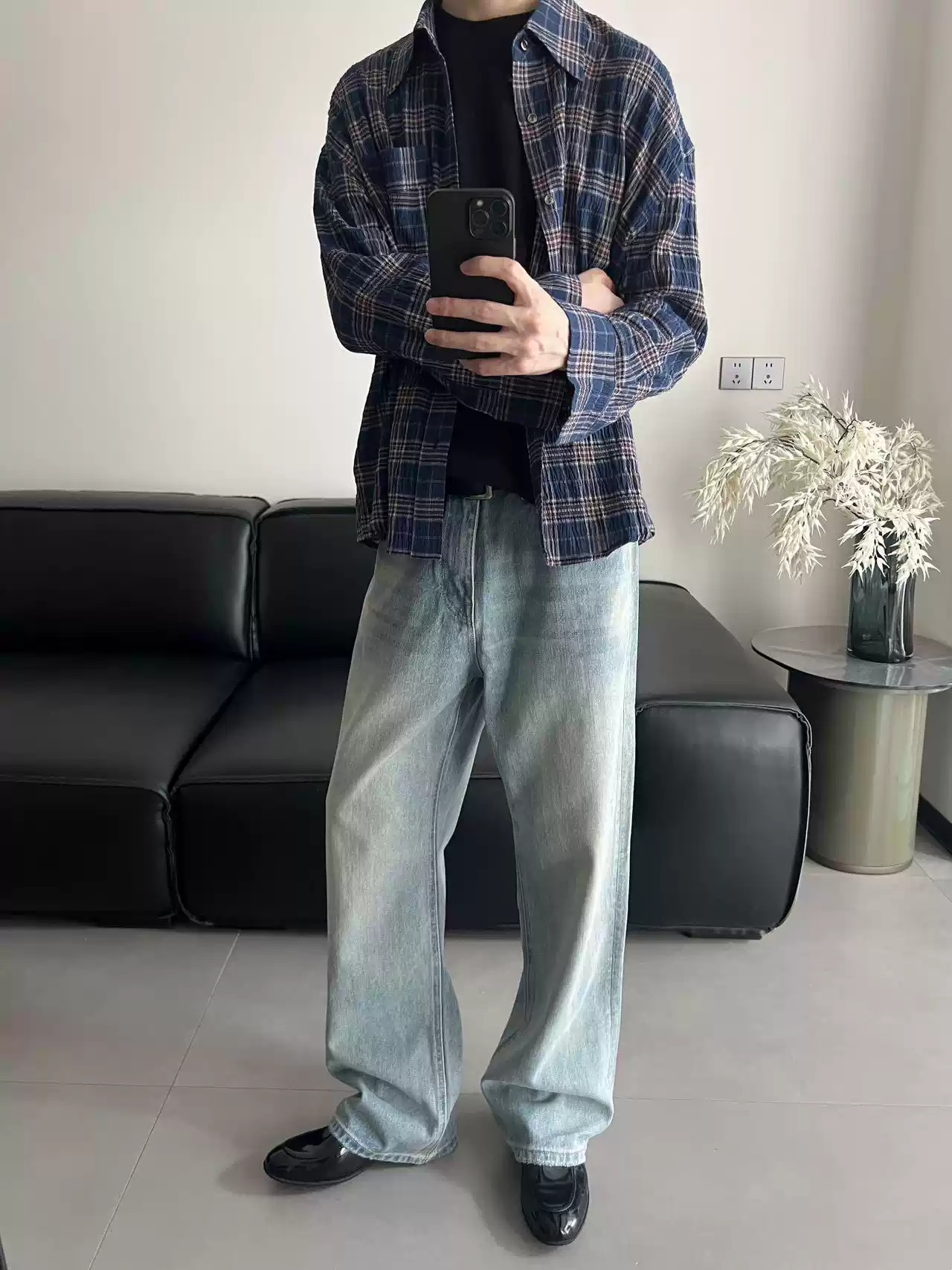 OKINE Blue Ice Washed Straight-Leg Jeans