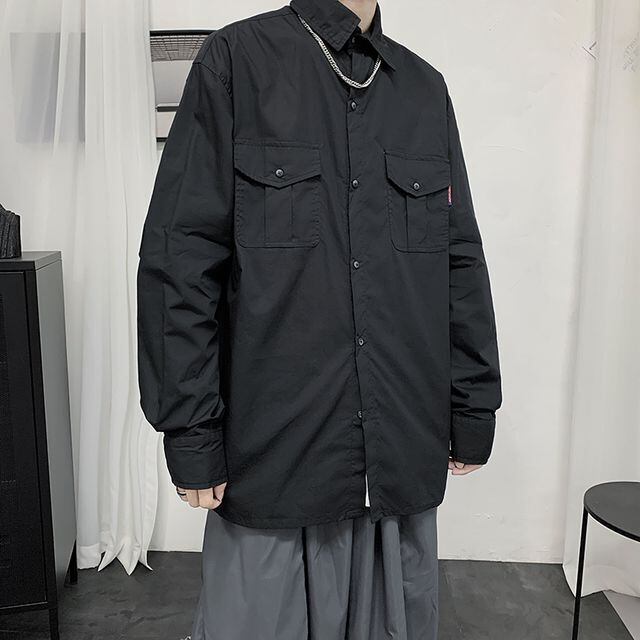 【予約販売】シャツ 長袖 メンズ 無地 ブラック カーキ ベージュ オーバーサイズ シック こなれ感 お洒落 韓国 トレンド 春 M/L/XL/2XL