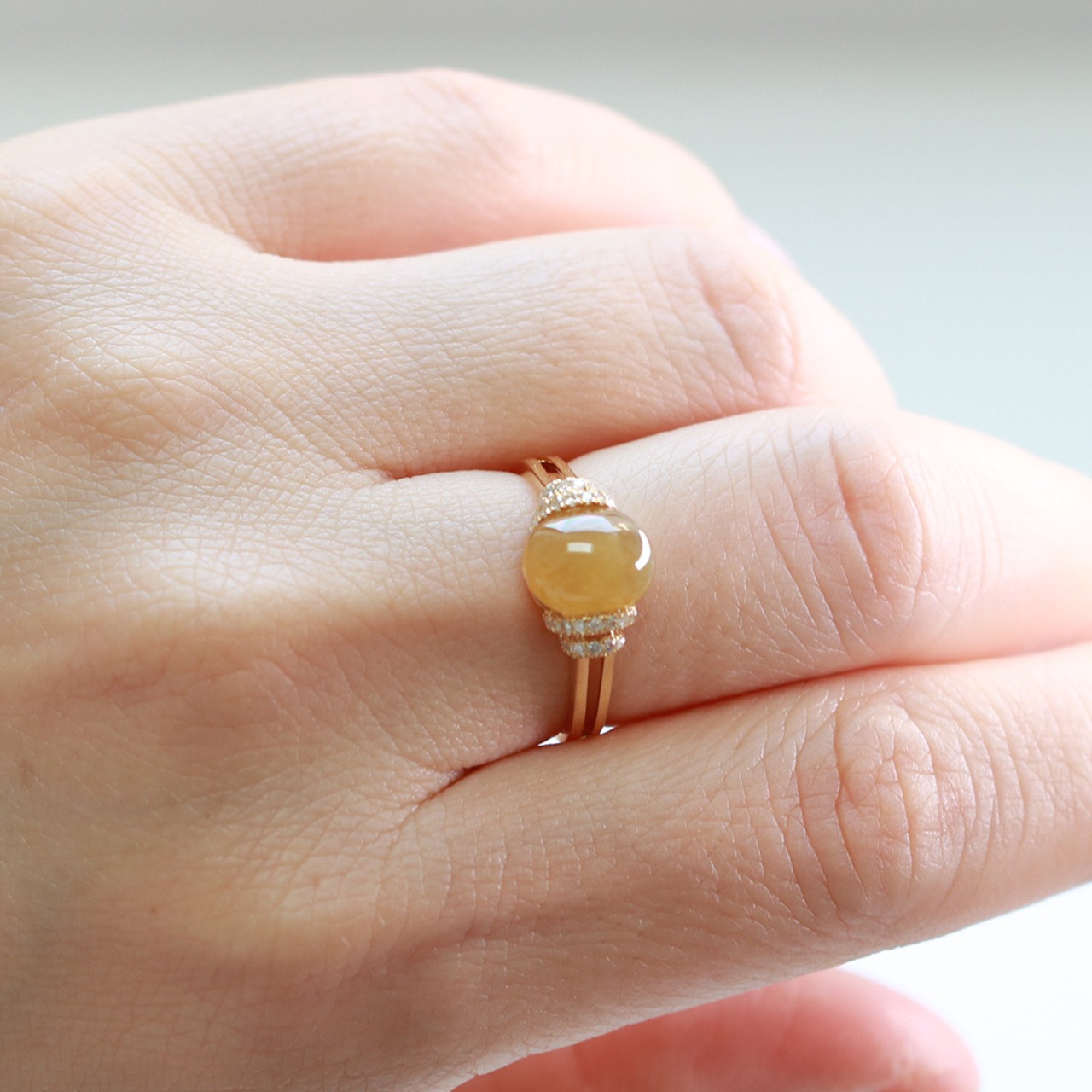 黄色翡翠リング K10YG yellow jade side diamond A貨翡翠 jd_rg2050