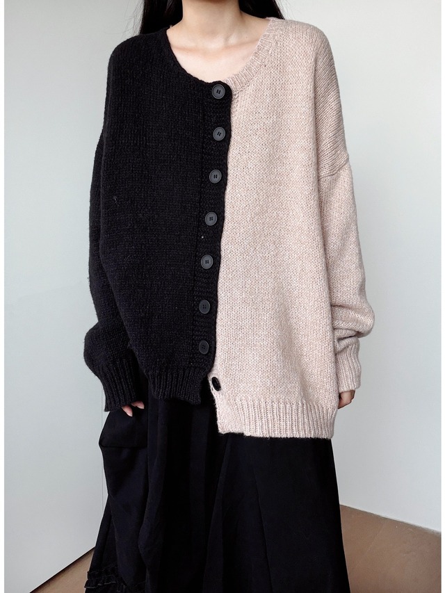 Asymmetric color-block knit cardigan [T2979]