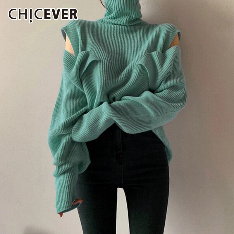 CHICEVER非対称セーター女性タートルネックランタン長袖パッチワークボタンアッププルオーバーセーター2020タイド ロング 6base597956948199