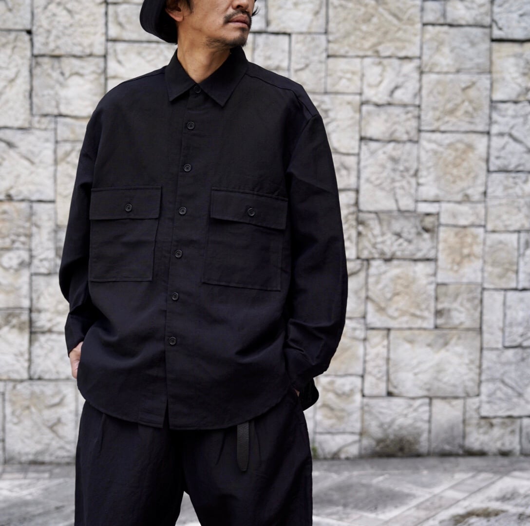 EVAN KINORI(エヴァン キノリ) / Big Shirt Tropical Wool/Linen Canvas -black- |  Signs powered by BASE