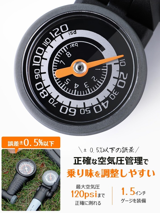 GIYO 自転車 空気入れ 携帯ポンプ 仏式 英式 米式 120psi ゲージ付き コンパクト 軽量 ミニフロアポンプ ロードバイク クロスバイク ママチャリ 各種 対応 (GM-642)