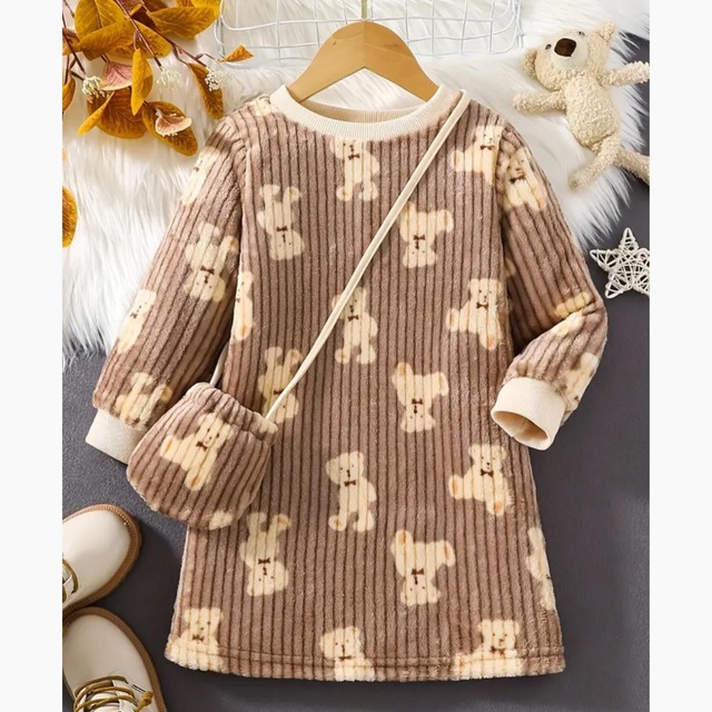 【即納】くまちゃん柄コーデュロイワンピースポシェット付き